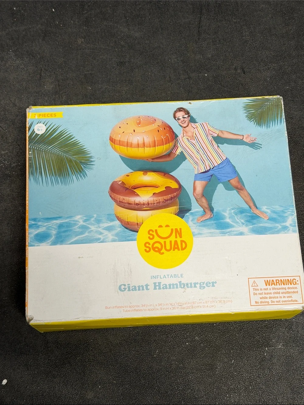 Sun Squad Inflatable Giant Hamburger Pool Float - Yellow/Brown inflates to 34 1/